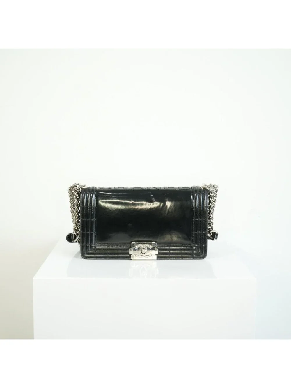 Chanel Black Patent Leather Boy Bag Silver Hardware